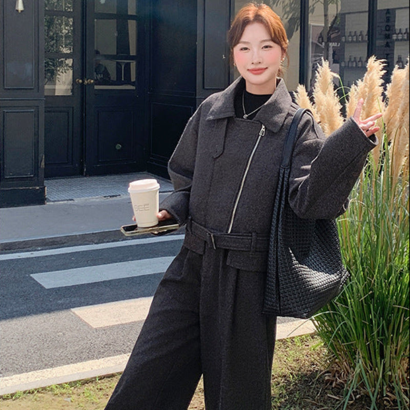 グレージャケット×ワイドパンツスーツ