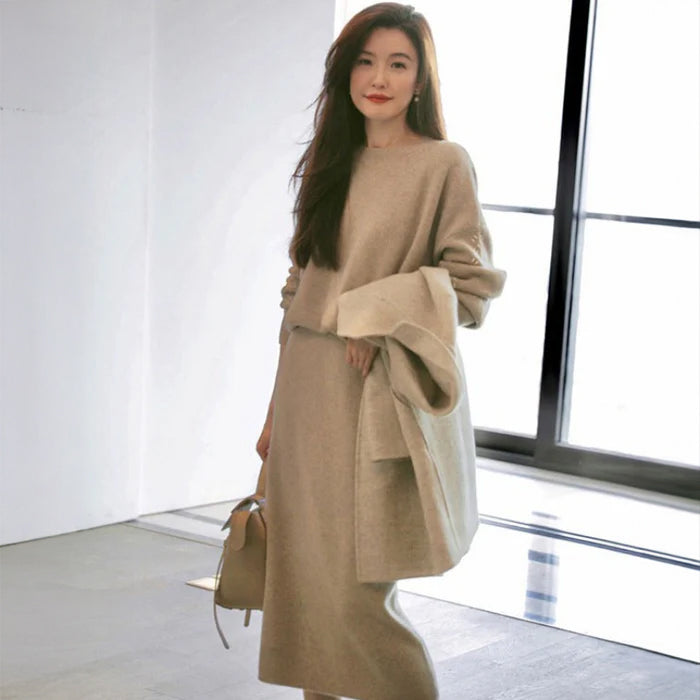 ステッチスリーブニット×スカートツーピースセット(3colors)