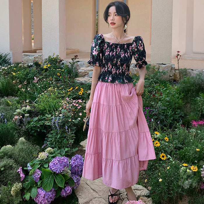 2WAYオフショルダーシャーリング花柄ブラウス×ティアードロングスカート