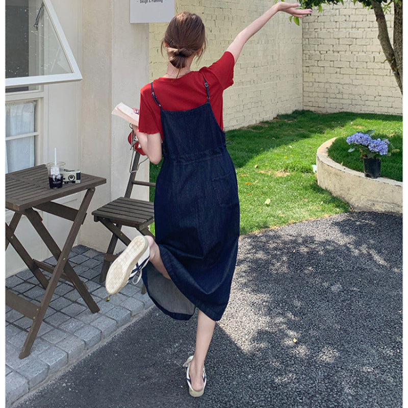 半袖Tシャツ×デニムサスペンダースカートセット