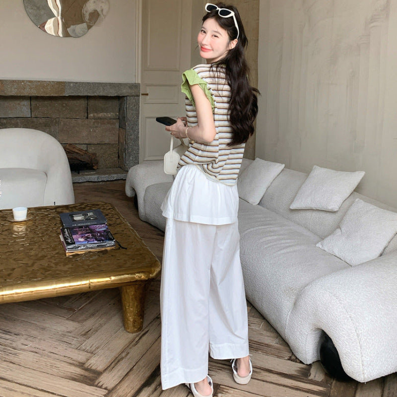 ボーダーノースリーブトップス×デザインワイドパンツ