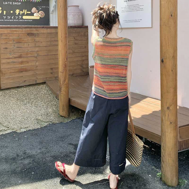 マルチボーダーニット×タックワイドパンツ