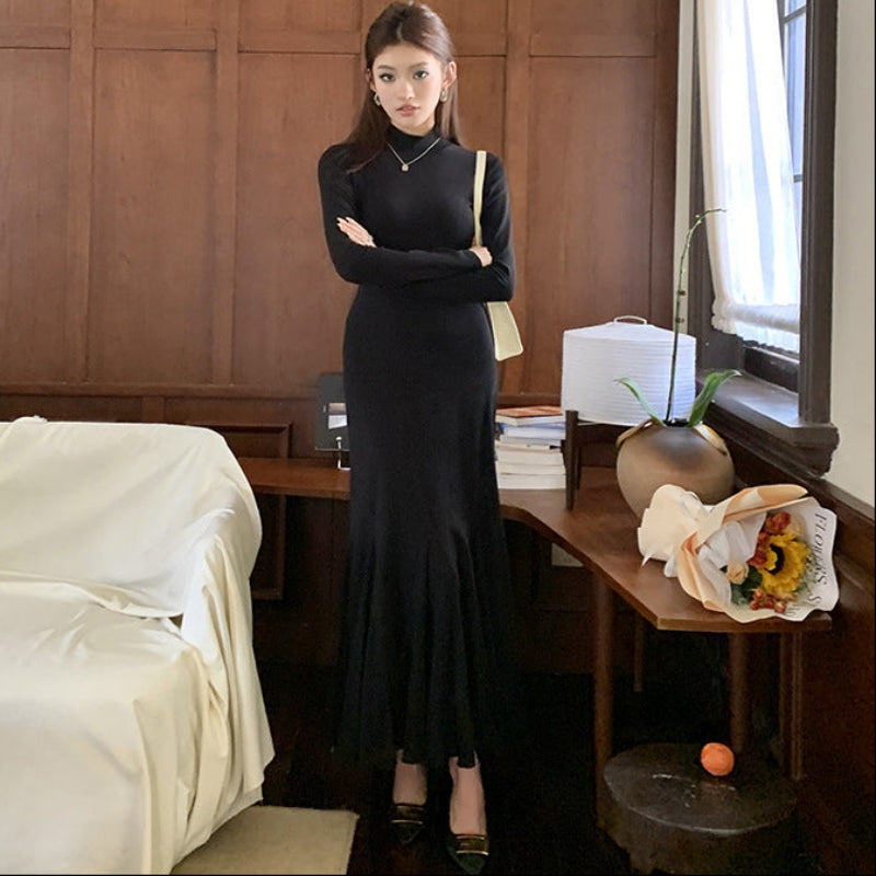 ハイネックマーメイドニットワンピース (黒) 秋/冬/春 シルエット