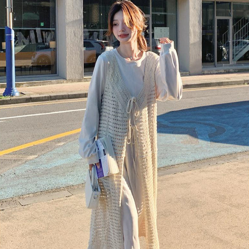 レースロングカーディガン×サイドスリットワンピース