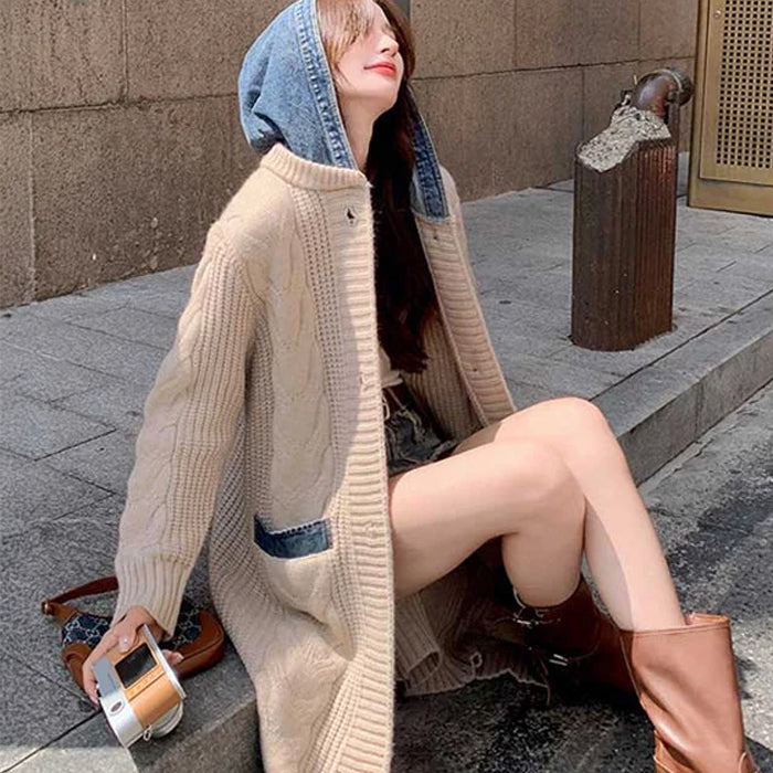 フード付きケーブルロングカーディガン