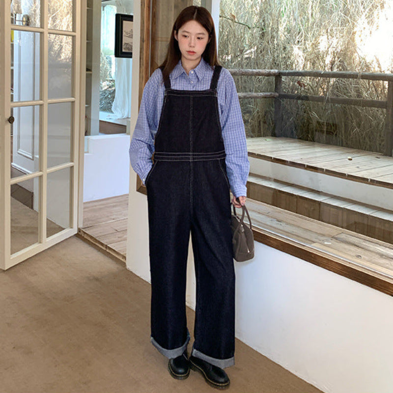 ステッチデザインデニムサロペットパンツ