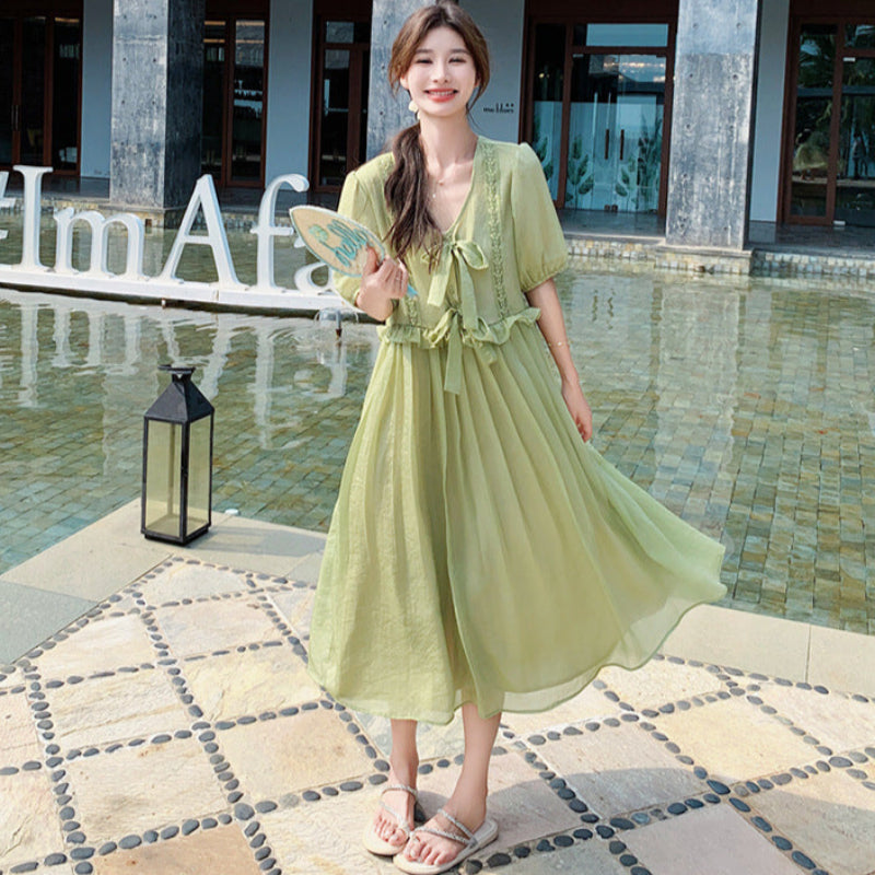 サイドフリルオーバーサイズワンピース（黄緑）春/夏/秋 エレガント