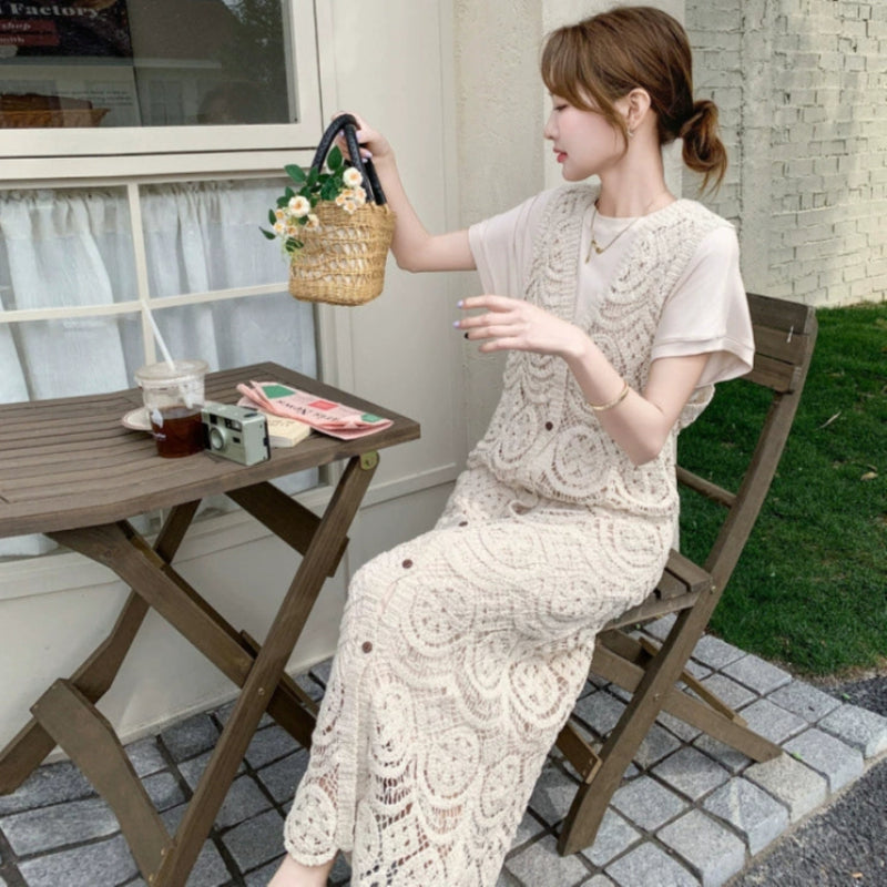 レースロングジレ×ハーフスリーブワンピース