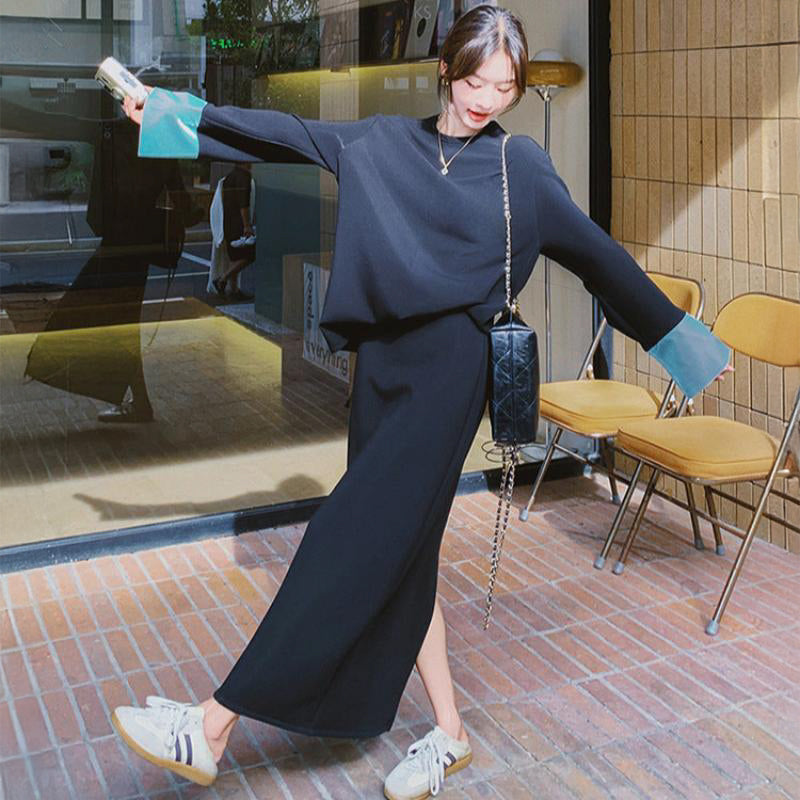 スウェットバイカラートップス×スカートセット