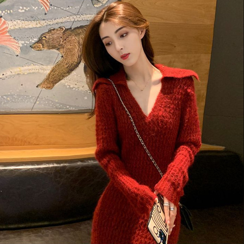 レッドカラースリムニットワンピース (赤) 秋/冬/春 セクシーな大人