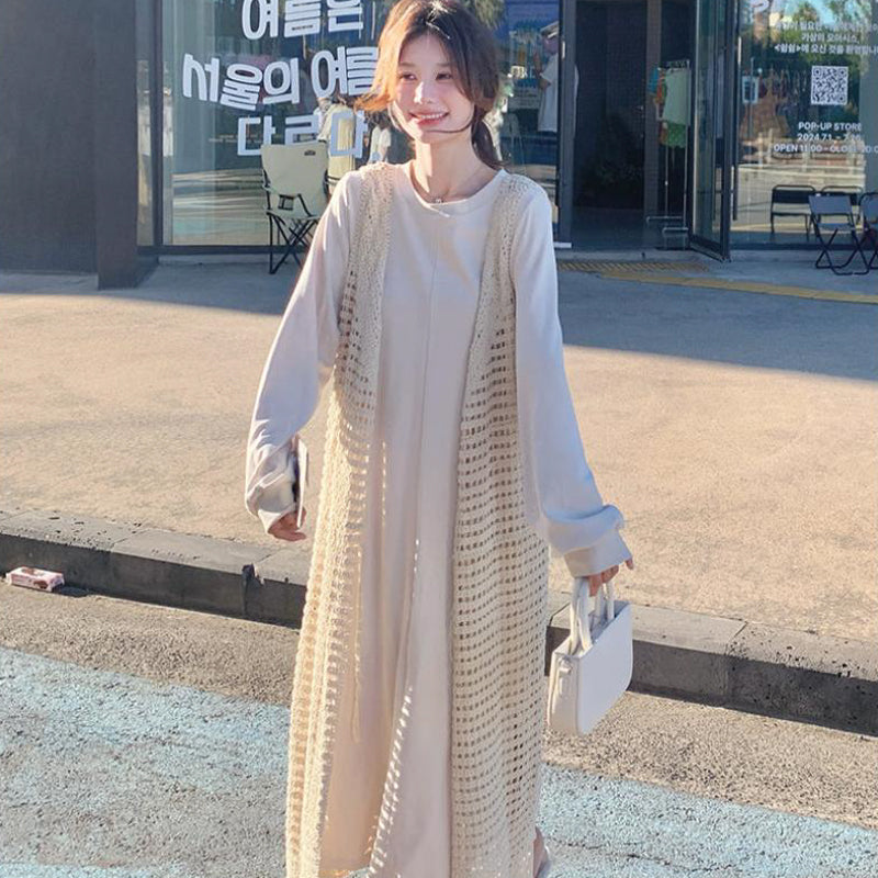 レースロングカーディガン×サイドスリットワンピース