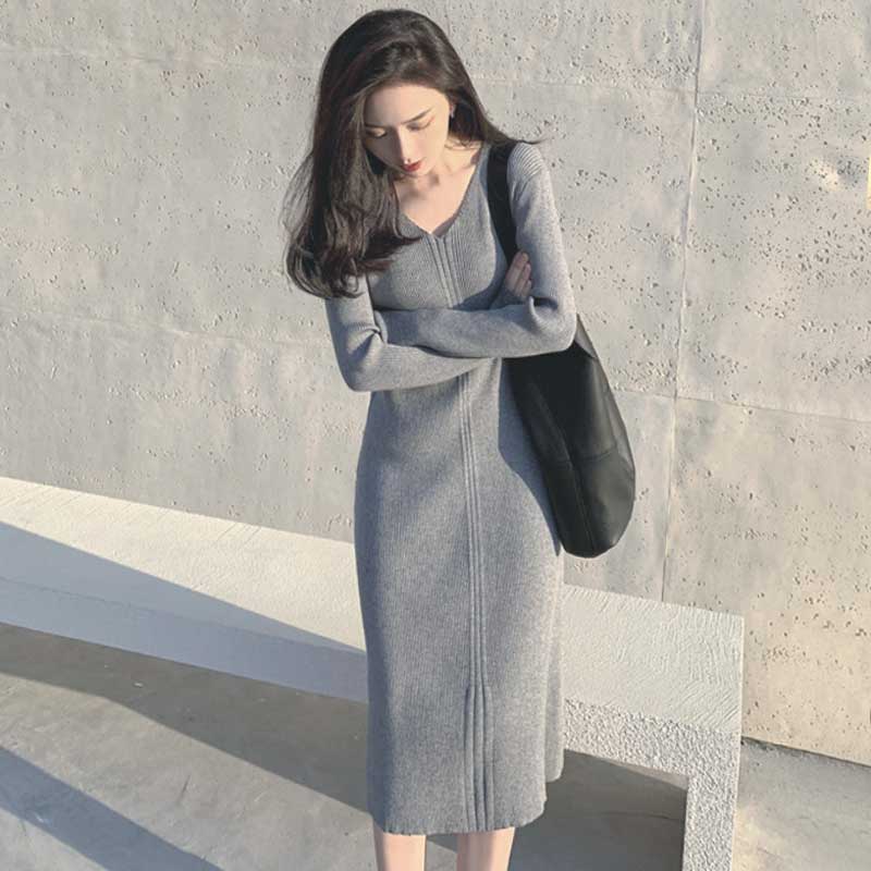 Vネックリブニットワンピース(2colors)