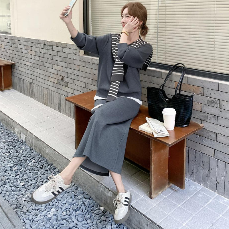 ボーダーショール付きスウェット×スカートセットアップ(2colors)