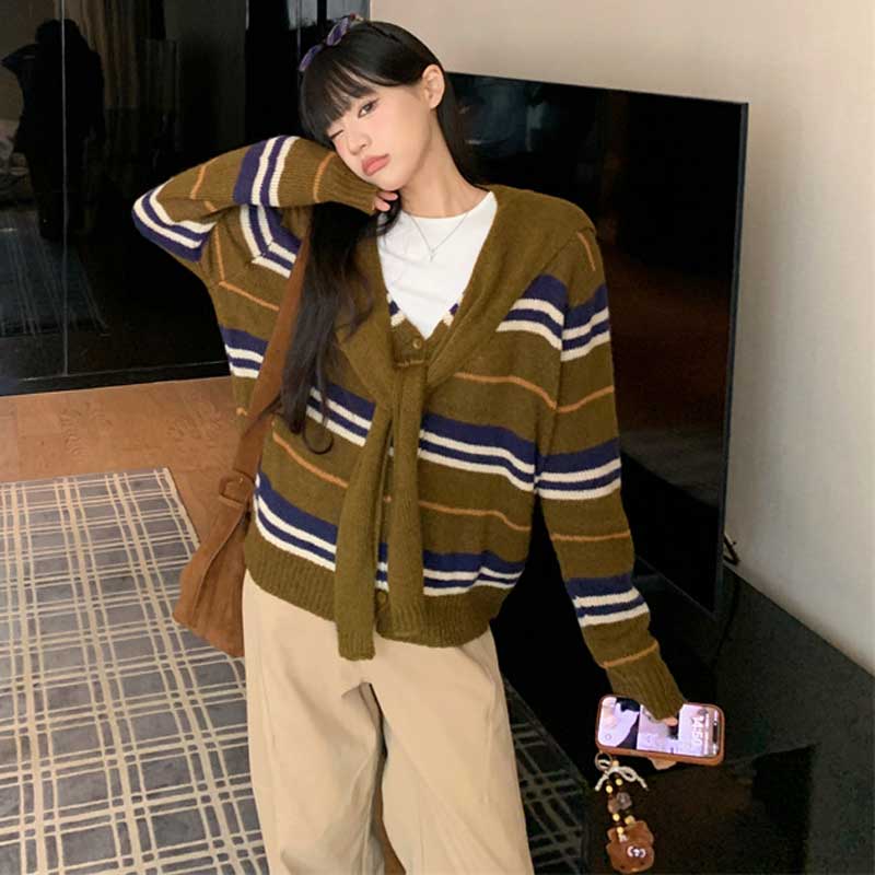 ショール付きボーダーカーディガン