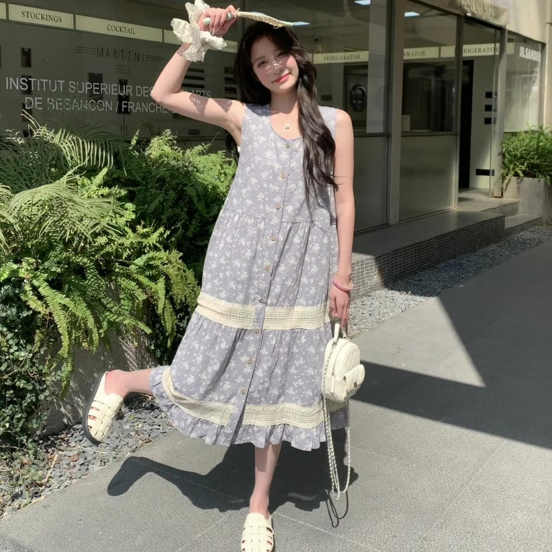 小花柄ノースリーブグレーワンピース