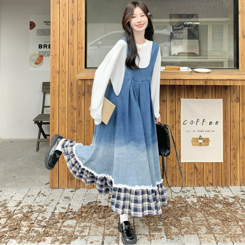 トリムチェックデニムジャンパースカート