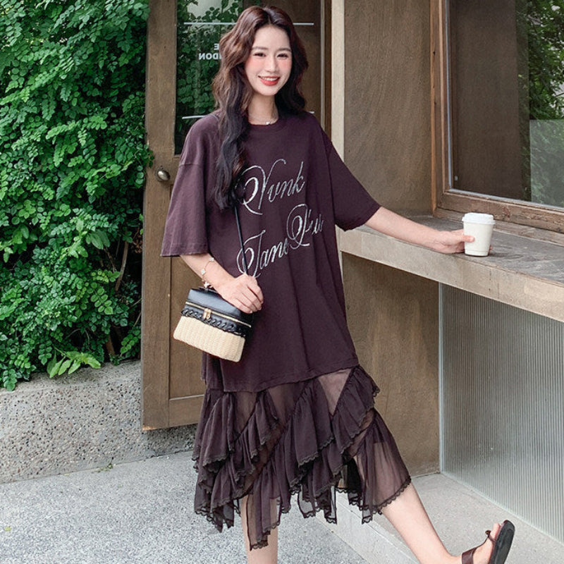 アシメチュール切り替えTシャツワンピース