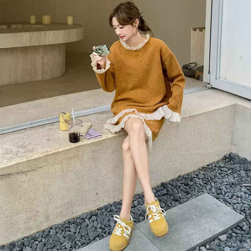 レースデザインニットトップス×ミニスカート(2colors)