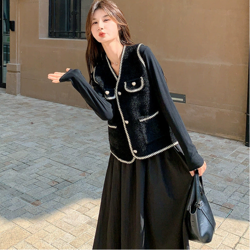 ツイードベスト×異素材切り替えワンピース