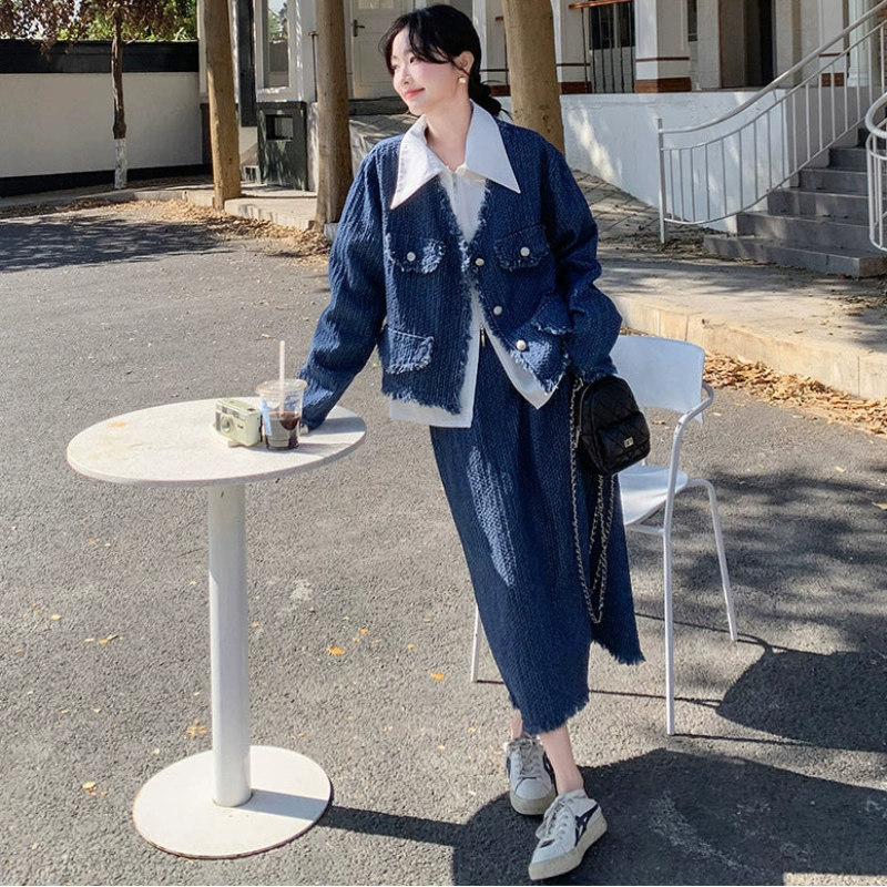 デニムジャケットスカートスーツ×ブラウス3点セット