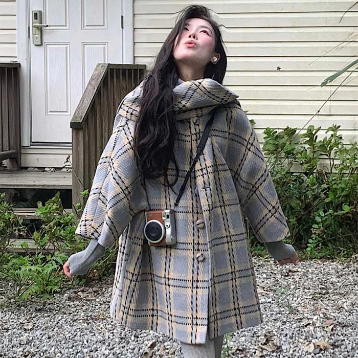 マフラー付きノルディックチェックコート