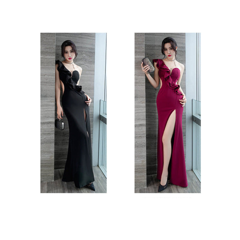 フリルワンショルダーマーメイドドレス(2colors)