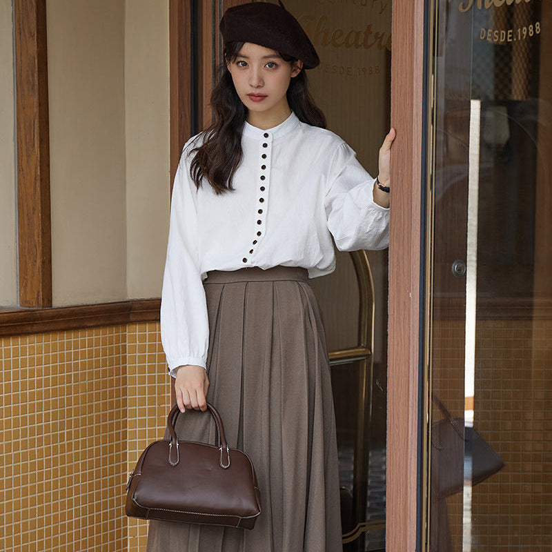 ボタンデザインスタンドカラーブラウス