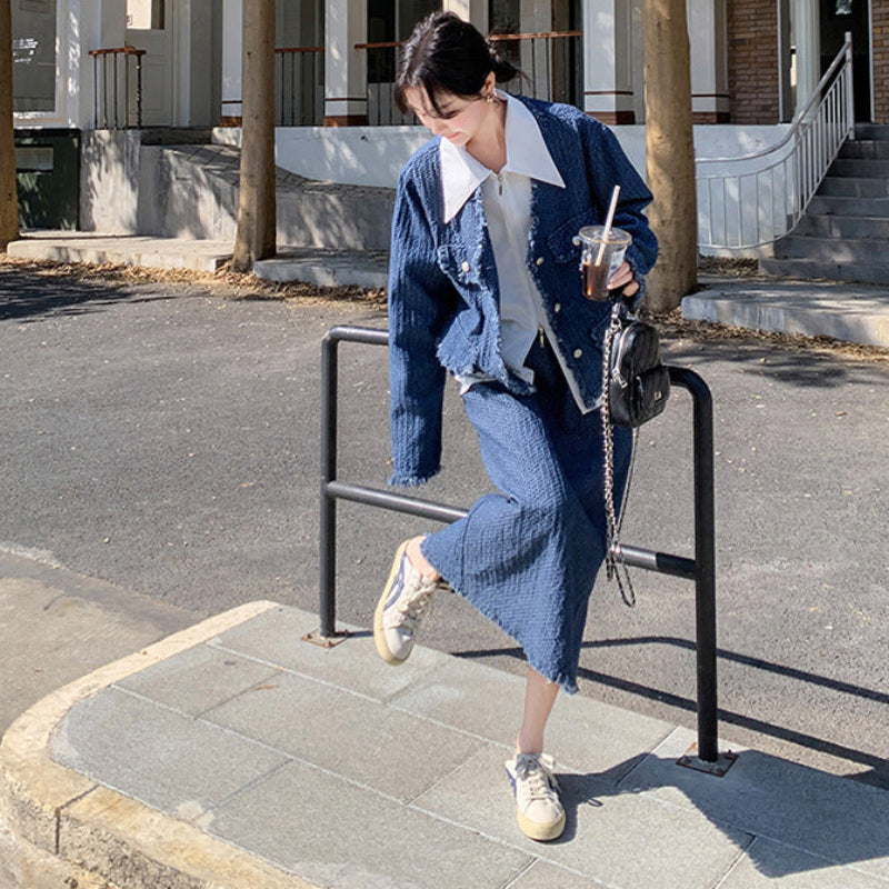 デニムジャケットスカートスーツ×ブラウス3点セット