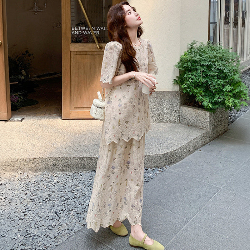 花柄プリントトップス×スカートセットアップ