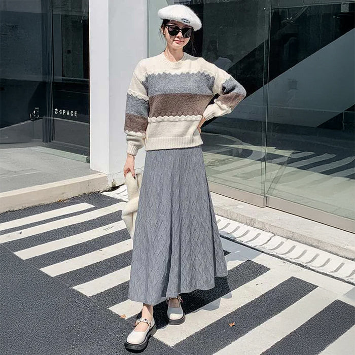 ジオメトリック柄フレアニットスカート(4colors)