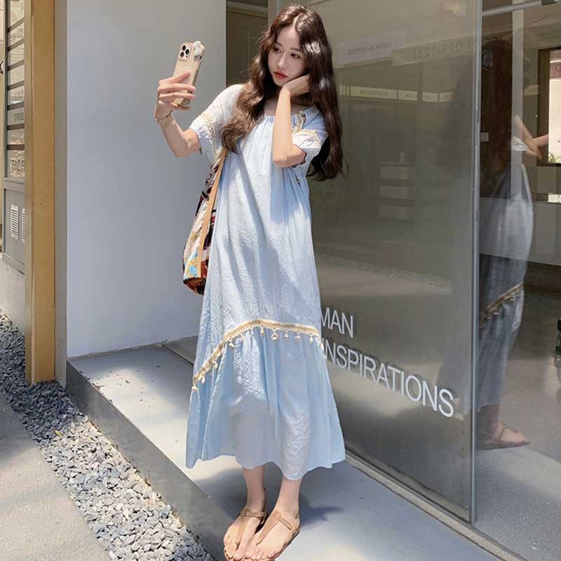 フリンジ付きスクエアネックワンピース