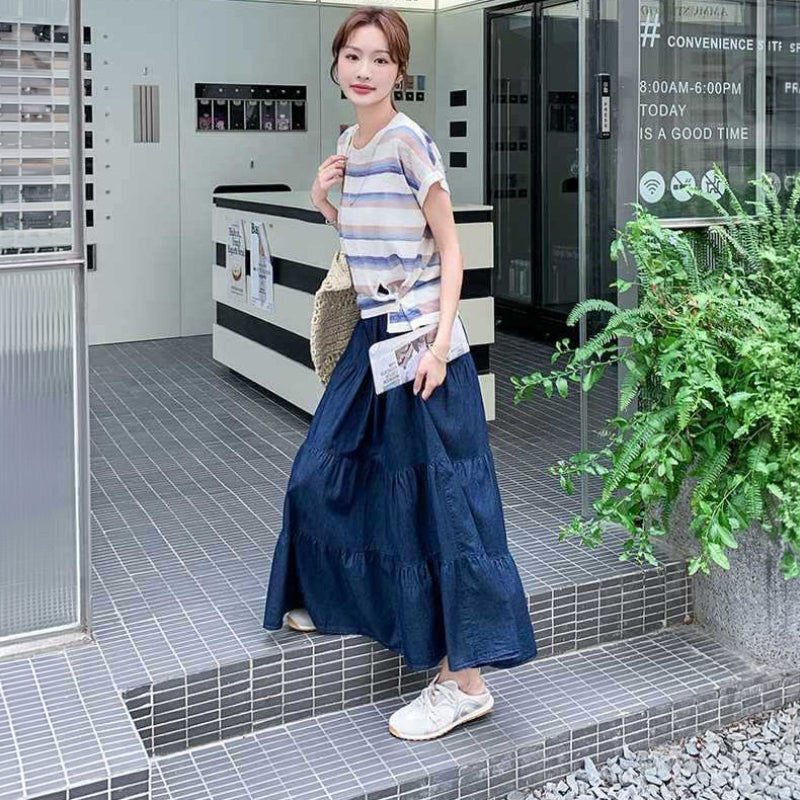 ボーダーTシャツ×デニムスカートセットアップ（白・紫・紺）春/夏/秋