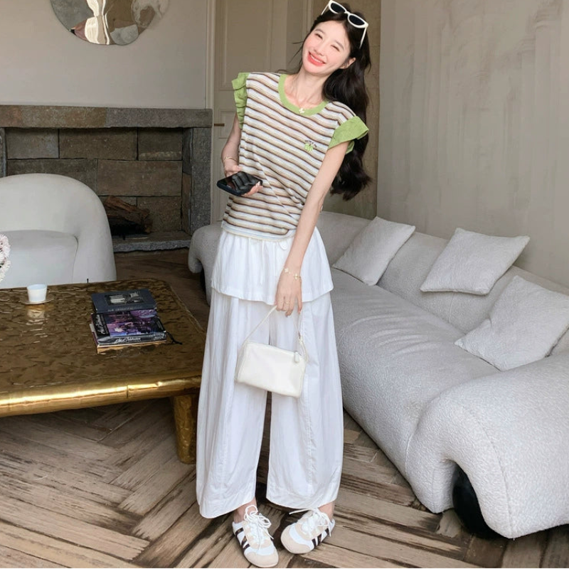 ボーダーノースリーブトップス×デザインワイドパンツ