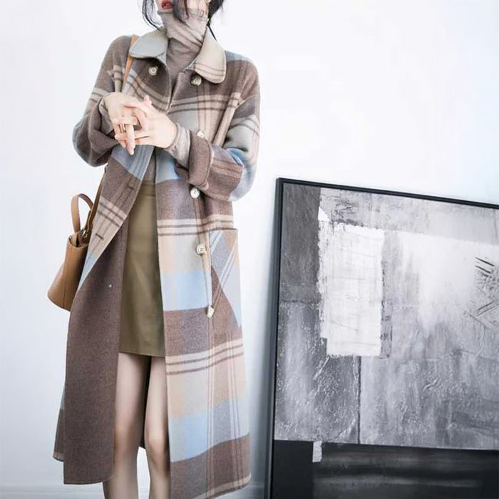チェック柄ロングチェスターコート