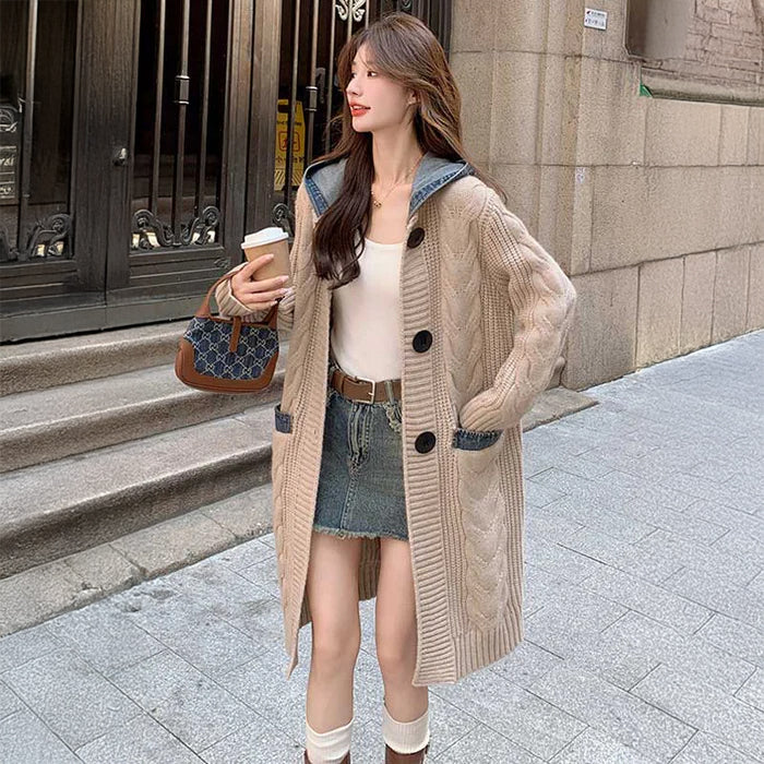 フード付きケーブルロングカーディガン