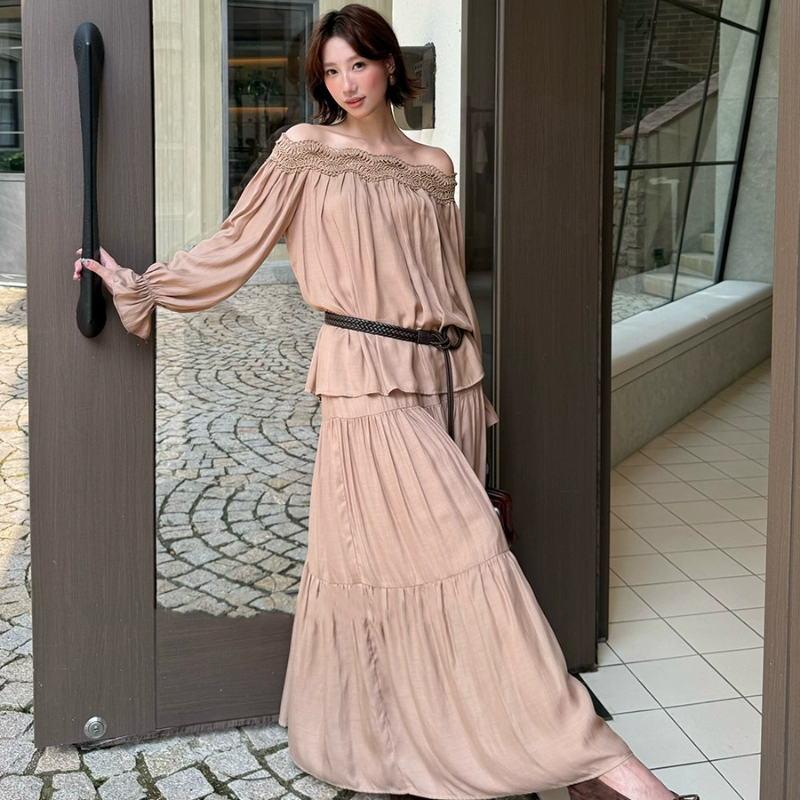 オフショルダーカットソー×ロングスカートセット(2colors)