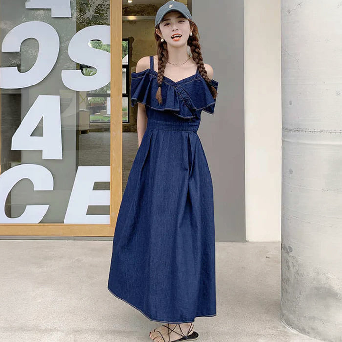 オープンショルダーラッフルデニムマキシワンピース