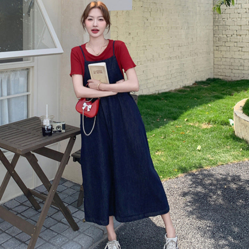 半袖Tシャツ×デニムサスペンダースカートセット