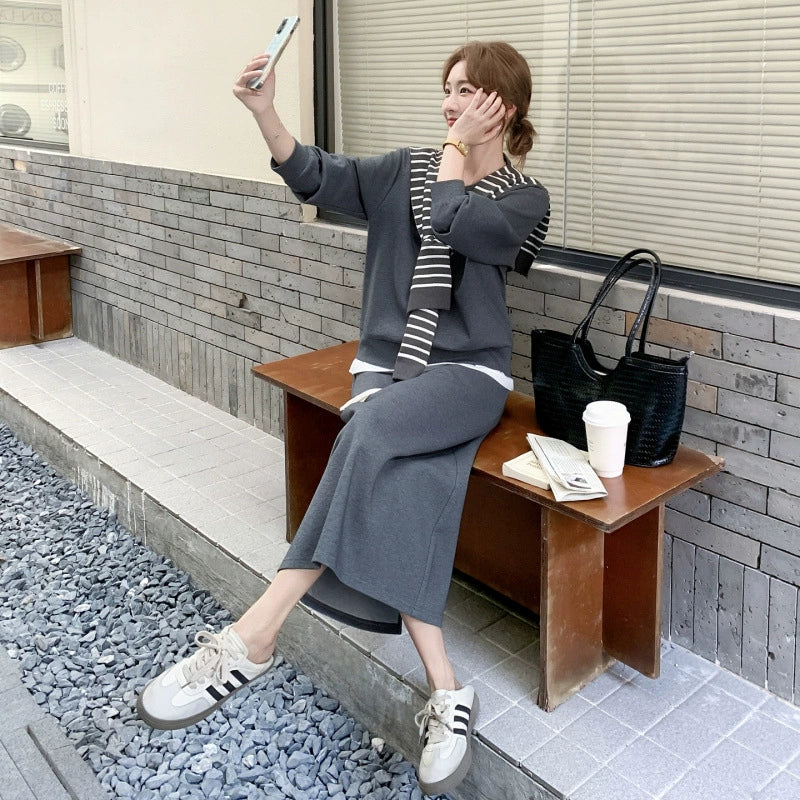 ボーダーショール付きスウェット×スカートセットアップ(2colors)