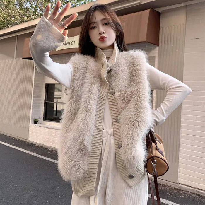 ファー切替ニットベスト(2colors)