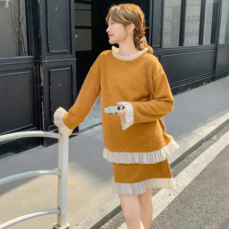 レースデザインニットトップス×ミニスカート(2colors)