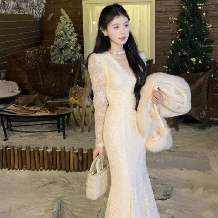 Vネックマーメイドレースワンピース