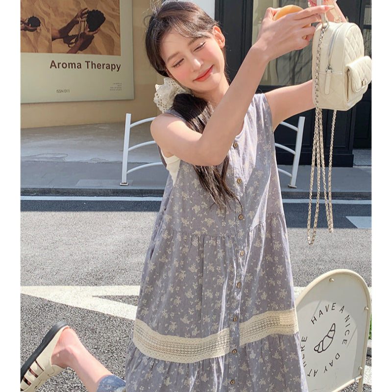 小花柄ノースリーブグレーワンピース