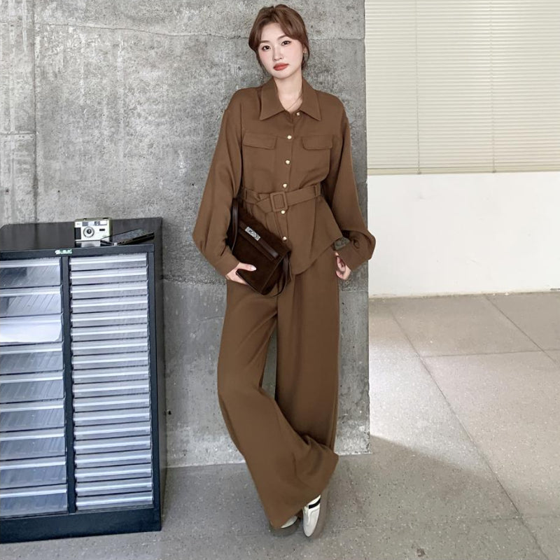 ウエストベルトシャツ×ワイドパンツセットアップ(2colors)