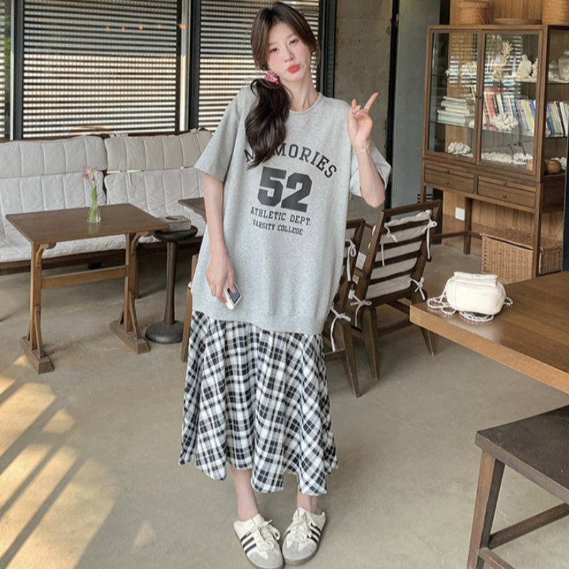 Tシャツ×チェックスカートドッキングワンピース