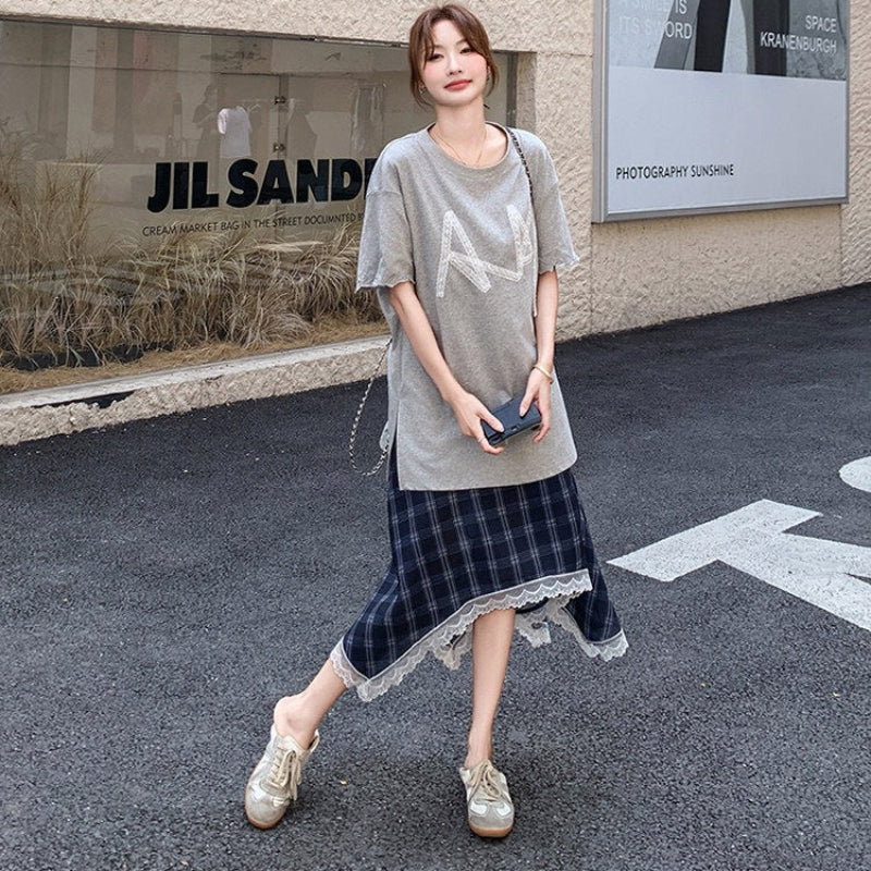 Tシャツドッキングチェックスカートワンピース