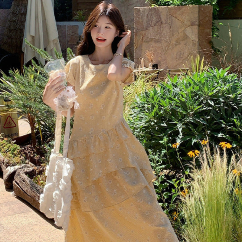レトロイエローフリルデザインワンピース