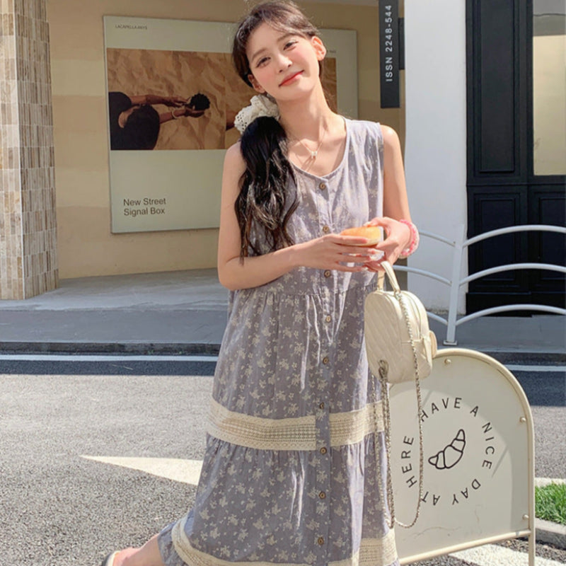 小花柄ノースリーブグレーワンピース