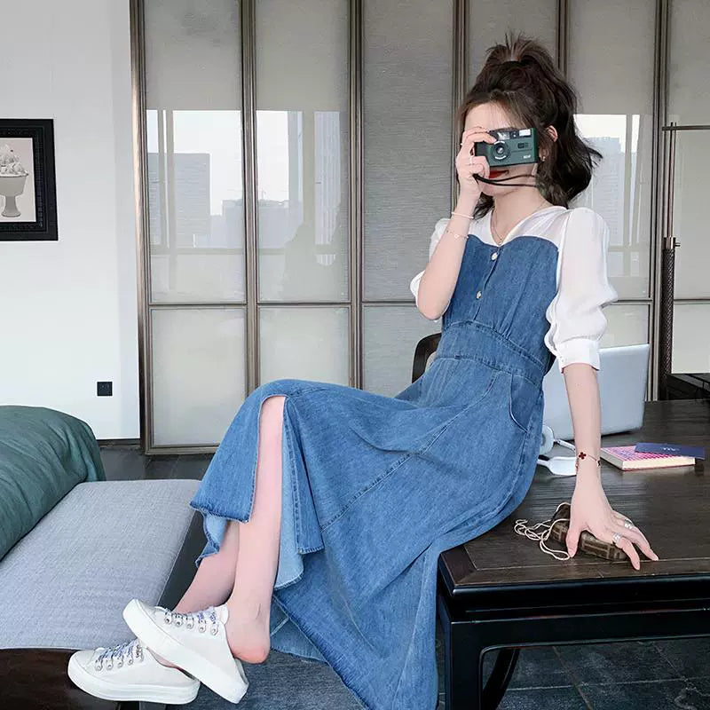 カットソードッキングデニムワンピース