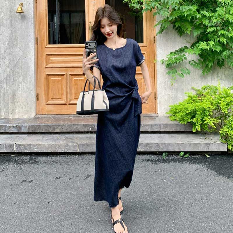 サイドリボンデニムロングワンピース